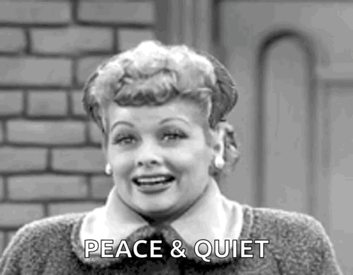 A Black And White Photo Of A Woman With The Words `` Peace And Quiet '' Written On Her Face . GIF