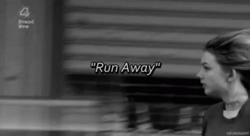 A Black And White Photo Of A Woman With The Words " Run Away " In White Letters GIF
