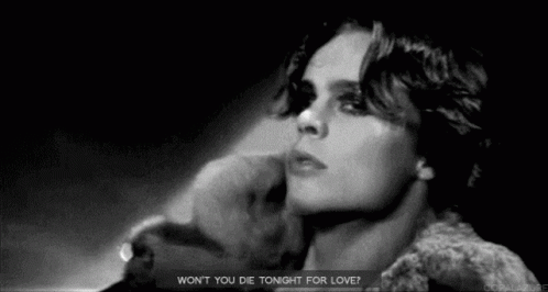 A Black And White Photo Of A Woman With The Words `` Won T You Die Tonight For Love '' . GIF