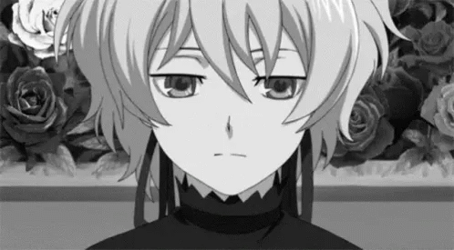 A Black And White Photo Of A Young Anime Girl Standing In Front Of A Bunch Of Roses . GIF