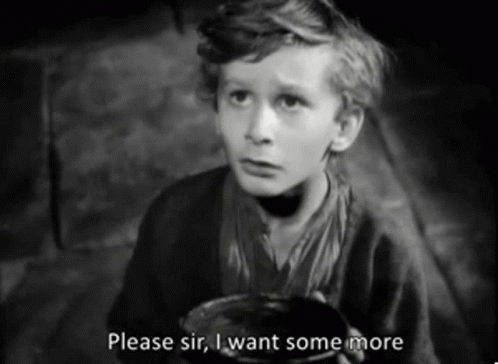 A Black And White Photo Of A Young Boy Holding A Bowl With The Caption Please Sir I Want Some More GIF