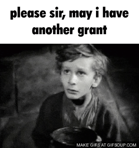 A Black And White Photo Of A Young Boy Holding A Bowl With The Caption " Please Sir May I Have Another Grant " GIF
