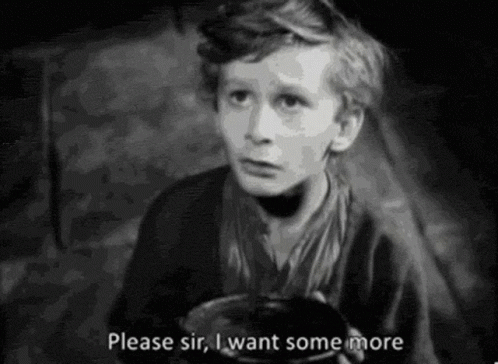 A Black And White Photo Of A Young Boy Saying `` Please Sir , I Want Some More '' GIF