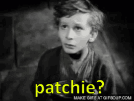 A Black And White Photo Of A Young Boy With The Word Patchie Written In Yellow GIF