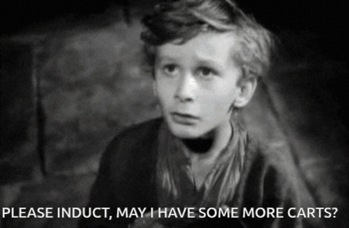 A Black And White Photo Of A Young Boy With The Words Please Induct May I Have Some More Carts GIF