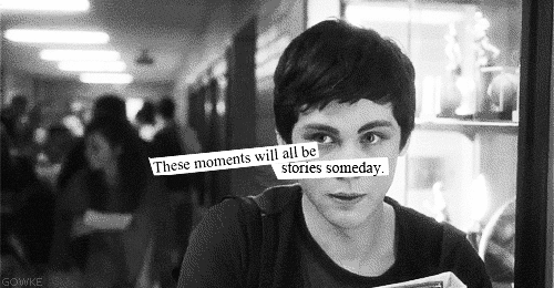 A Black And White Photo Of A Young Man With The Words " These Moments Will All Be Stories Someday " Written On His Face GIF