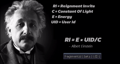 A Black And White Photo Of Albert Einstein With The Words Ri = Reignment Invite GIF