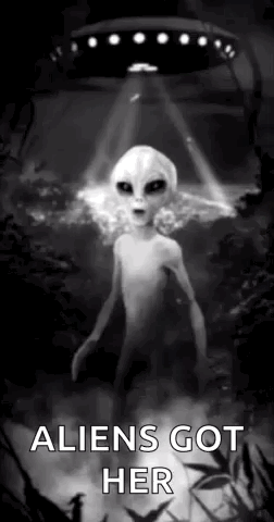 A Black And White Photo Of An Alien Standing In Front Of A Flying Saucer . GIF