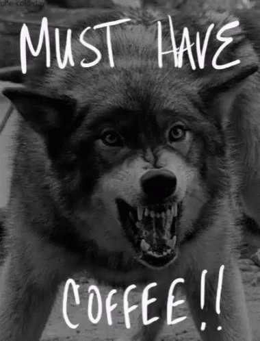 A Black And White Photo Of An Angry Wolf With The Words Must Have Coffee Written On It GIF