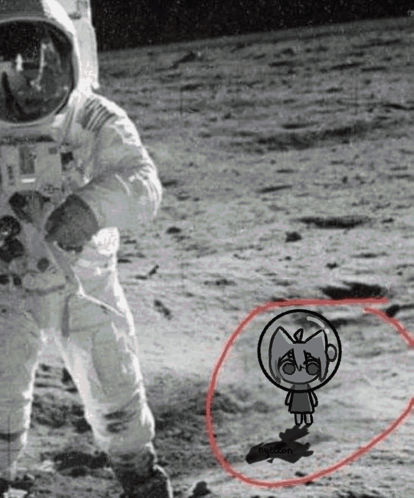 a black and white photo of an astronaut on the moon with a drawing of a girl in a helmet