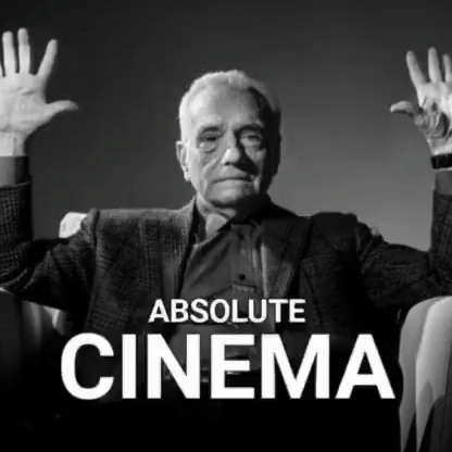 A Black And White Photo Of An Elderly Man With His Hands In The Air And The Words Absolute Cinema Below Him GIF