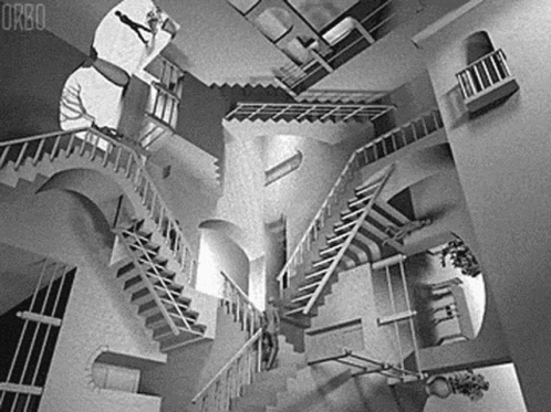 A Black And White Photo Of An Optical Illusion Of Stairs In A Building . GIF
