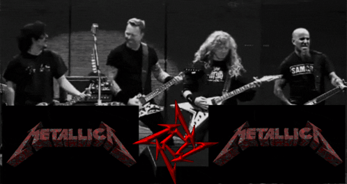 A Black And White Photo Of Metallica Playing Guitar GIF