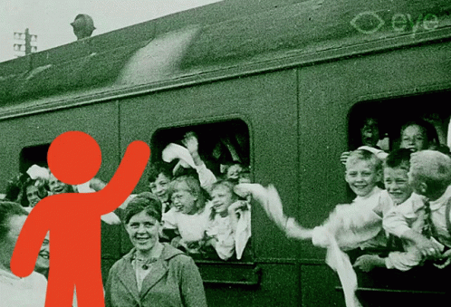 A Black And White Photo Of People On A Train With An Orange Silhouette GIF
