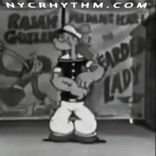 A Black And White Photo Of Popeye Dancing In Front Of A Sign That Says Ralph 'S Gentlemen Club GIF