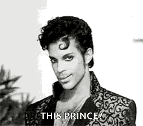 A Black And White Photo Of Prince With The Words `` This Prince '' Written Next To Him . GIF