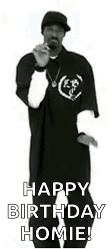 A Black And White Photo Of Snoop Dogg Dancing With The Words `` Happy Birthday Homie '' . GIF