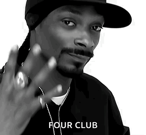 A Black And White Photo Of Snoop Dogg Wearing A Hat And A Necklace With The Words Four Club Below Him GIF