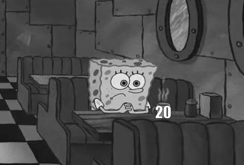 a black and white photo of spongebob squarepants sitting at a table in a diner .