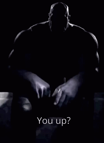 A Black And White Photo Of Thanos With The Words `` You Up '' Written On It . GIF