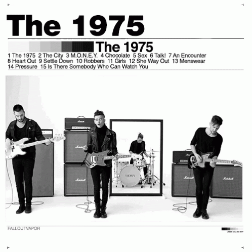 A Black And White Photo Of Three Men Playing Guitars Under The 1975 Album Cover GIF