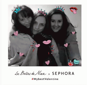 A Black And White Photo Of Three Women With The Words Les Belles De Nina X Sephora At The Bottom GIF