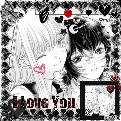 A Black And White Photo Of Two Anime Girls With The Words I Love You Written In Red GIF