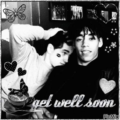 A Black And White Photo Of Two Boys With The Words Get Well Soon GIF