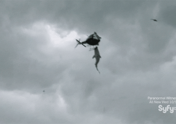A Black And White Photo Of Two Helicopters In The Sky With Syfy Written On The Bottom Right GIF