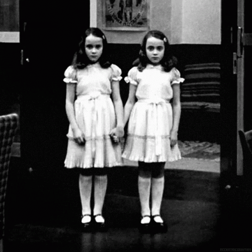 A Black And White Photo Of Two Little Girls Standing Next To Each Other With A Caption That Says Accentuated Objects GIF