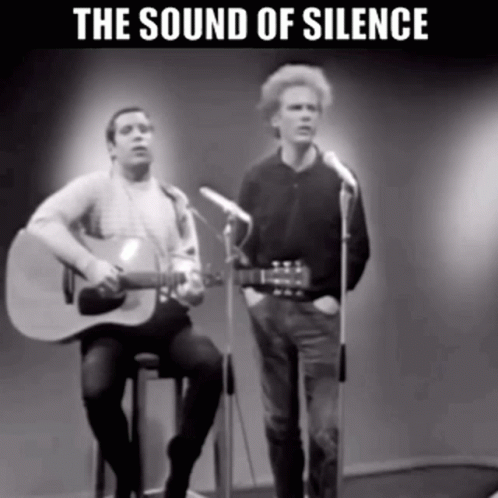 A Black And White Photo Of Two Men Singing Into Microphones With The Words " The Sound Of Silence " Above Them GIF
