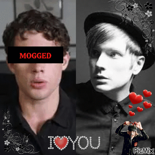 a black and white photo of two men with hearts and the words i love you on the bottom