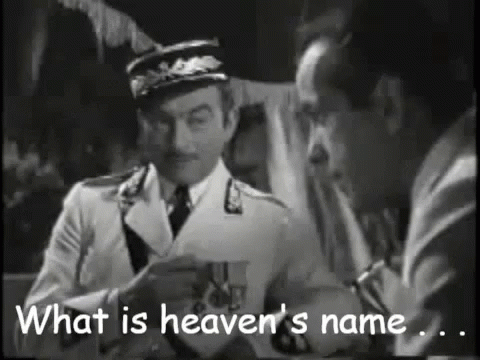 a black and white photo of two men with the words what is heaven 's name on the bottom