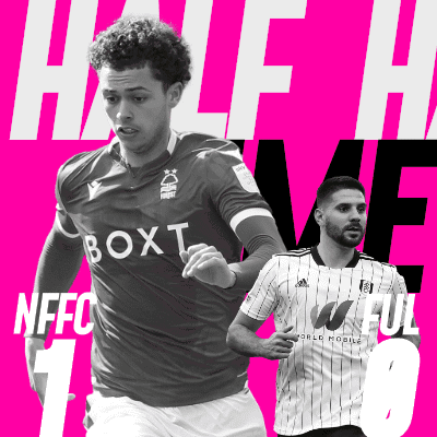 A Black And White Photo Of Two Soccer Players On A Pink Background With The Words Half Time GIF