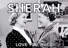 A Black And White Photo Of Two Women Hugging Each Other With The Words `` Sherah Love You Hugs '' . GIF