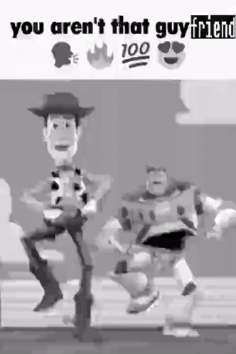 A Black And White Photo Of Woody And Buzz Lightyear Dancing GIF