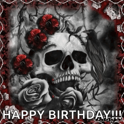 A Black And White Picture Of A Skull With Roses And A Bird . GIF