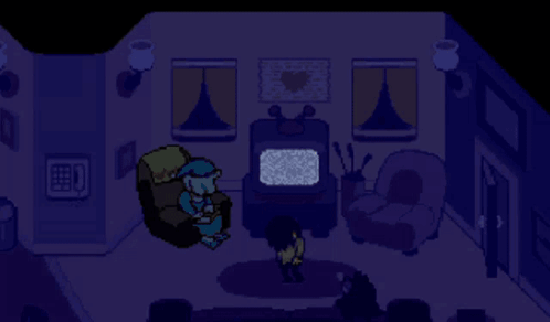 A Black And White Pixel Art Of A Room With A Person Sitting On A Couch Talking On A Phone . GIF