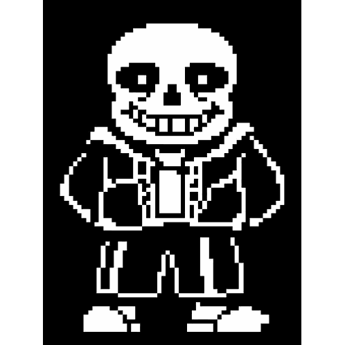 a black and white pixel art of sans from undertale