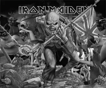 A Black And White Poster For Iron Maiden With A Man Holding A Flag GIF