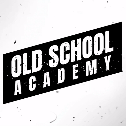 A Black And White Sign That Says " Old School Academy " GIF