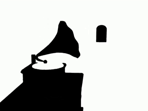 a black and white silhouette of a building with a phonograph on top of it .
