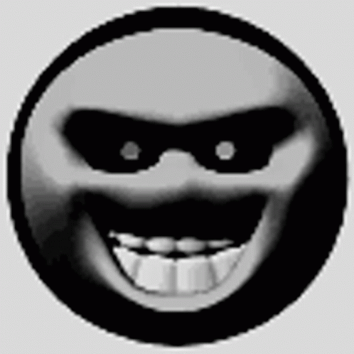 A Black And White Smiley Face With A Big Smile And A Mask On It . GIF