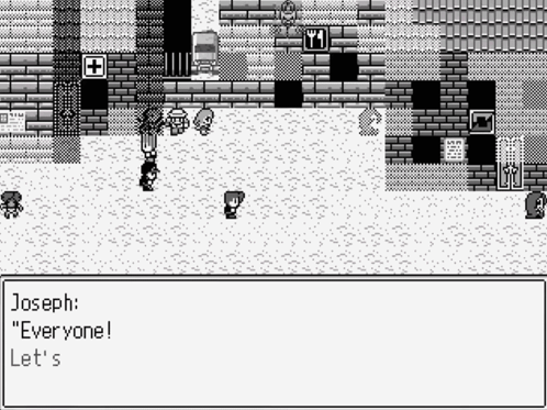 A Black And White Video Game With A Character Named Joseph Talking To A Group Of People . GIF