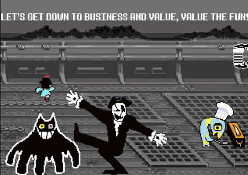 A Black And White Video Game With The Words Let 'S Get Down To Business And Value Value The Fun On The Bottom GIF