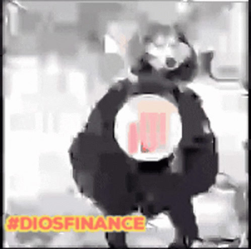 A Black And White Video Of A Raccoon Looking Through A Magnifying Glass With The Words Diosfinance In Yellow . GIF