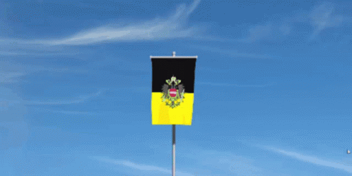 A Black And Yellow Flag With A Coat Of Arms Is Flying In The Wind GIF