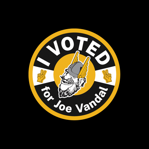 a black and yellow sticker that says i voted for joe vandal