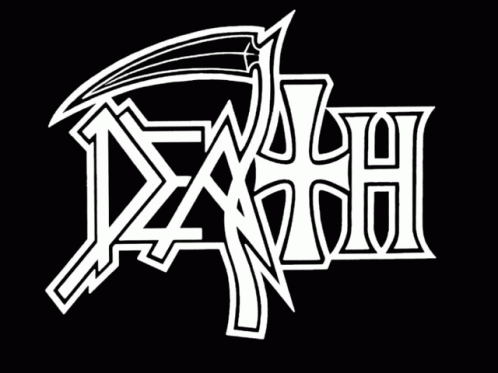 A Black Background With A Death Logo In Blue And Pink GIF
