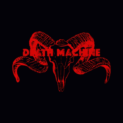 a black background with a ram skull and the word death machine in red